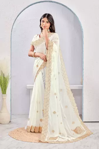 White color zari embroidery fendy silk blend party wear saree with embroidered blouse
