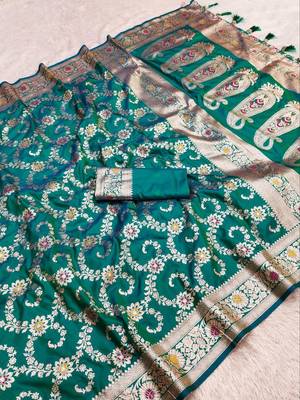 Sea green soft Art silk saree with zari weaving meenakari design 1