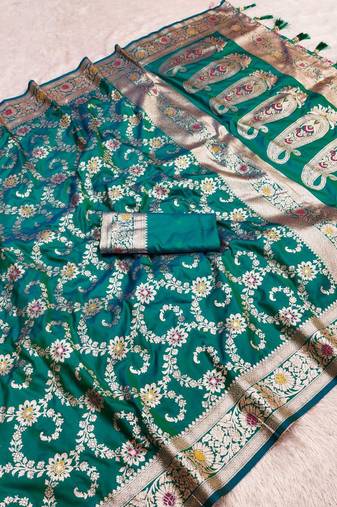 Sea green soft Art silk saree with zari weaving meenakari design