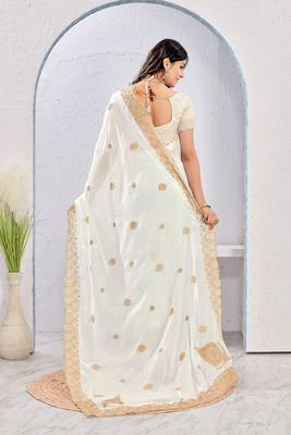 White color zari embroidery fendy silk blend party wear saree with embroidered blouse 4