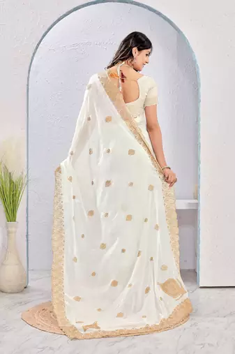 White color zari embroidery fendy silk blend party wear saree with embroidered blouse