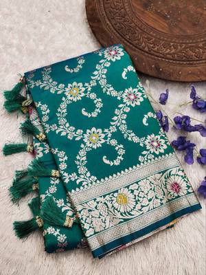 Sea green soft Art silk saree with zari weaving meenakari design 2