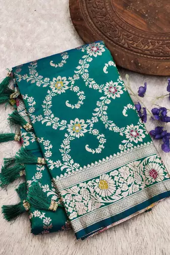 Sea green soft Art silk saree with zari weaving meenakari design