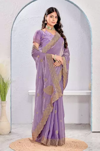 Levender color zari embroidery fendy silk party wear saree with embroidered blouse