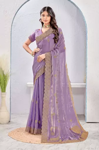 Levender color zari embroidery fendy silk blend party wear saree with embroidered blouse