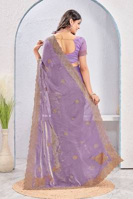 Levender color zari embroidery fendy silk blend party wear saree with embroidered blouse 4