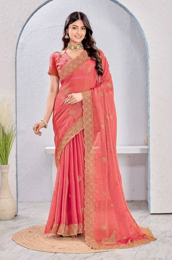 Peach color zari embroidery fendy silk party wear saree with embroidered blouse
