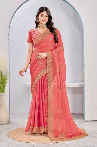 Peach color zari embroidery fendy silk party wear saree with embroidered blouse