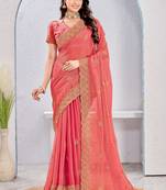 Peach color zari embroidery fendy silk party wear saree with embroidered blouse