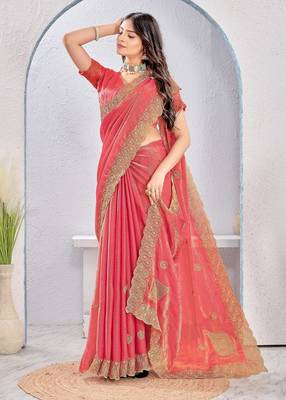 Peach color zari embroidery fendy silk blend party wear saree with embroidered blouse 3