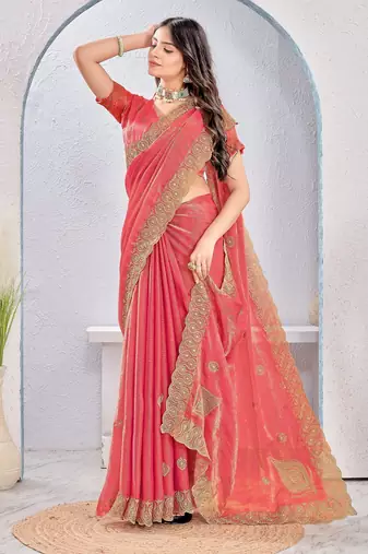 Peach color zari embroidery fendy silk blend party wear saree with embroidered blouse