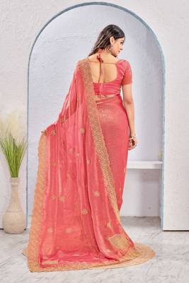 Peach color zari embroidery fendy silk blend party wear saree with embroidered blouse 4