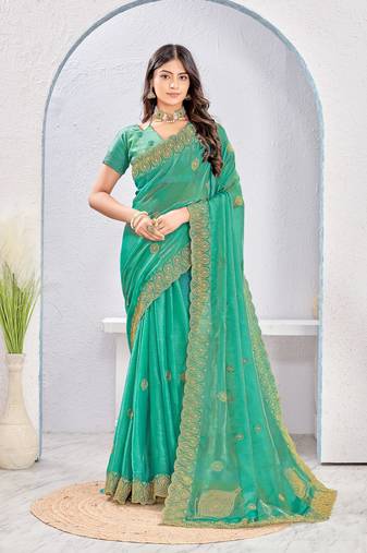 Teal Green color zari embroidery fendy silk party wear saree with embroidered blouse