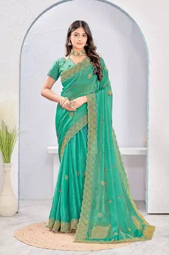 Teal Green color zari embroidery fendy silk party wear saree with embroidered blouse