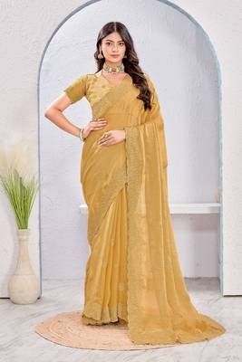 Mustard color zari embroidery fendy silk blend party wear saree with embroidered blouse 1