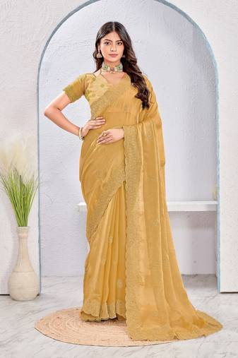 Mustard color zari embroidery fendy silk party wear saree with embroidered blouse