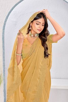 Mustard color zari embroidery fendy silk blend party wear saree with embroidered blouse 2