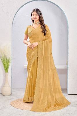 Mustard color zari embroidery fendy silk blend party wear saree with embroidered blouse 3