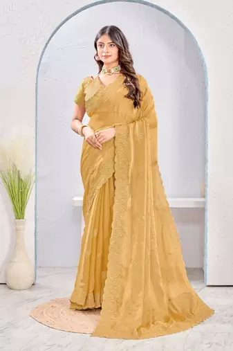 Mustard color zari embroidery fendy silk blend party wear saree with embroidered blouse