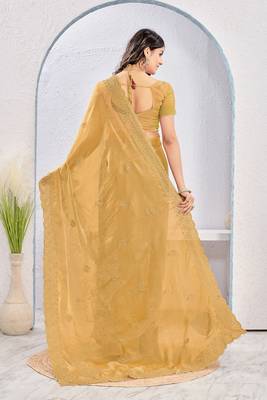 Mustard color zari embroidery fendy silk blend party wear saree with embroidered blouse 4
