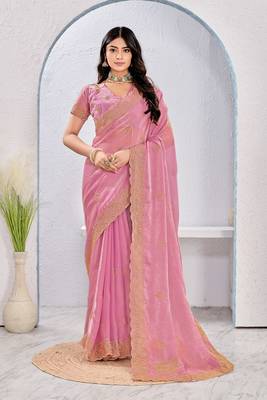 Light pink color zari embroidery fendy silk blend party wear saree with embroidered blouse 1