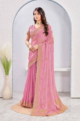 Light pink color zari embroidery fendy silk blend party wear saree with embroidered blouse 3
