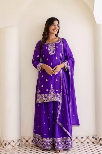 Chinon silk  with sequence embroidered work top with plazzo and dupatta