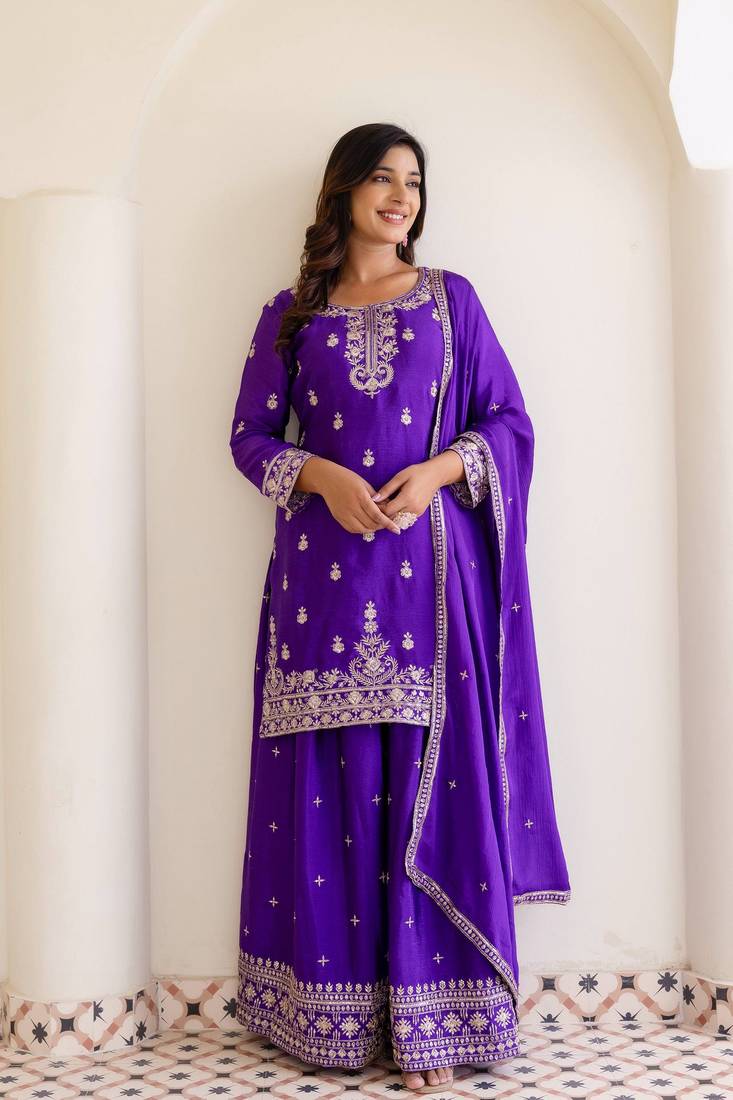 Chinon silk  with sequence embroidered work top with plazzo and dupatta