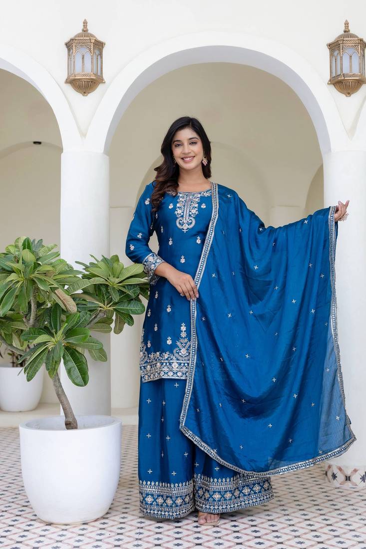 Chinon silk  with sequence embroidered work top with plazzo and dupatta