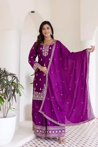 Chinon silk  with sequence embroidered work top with plazzo and dupatta