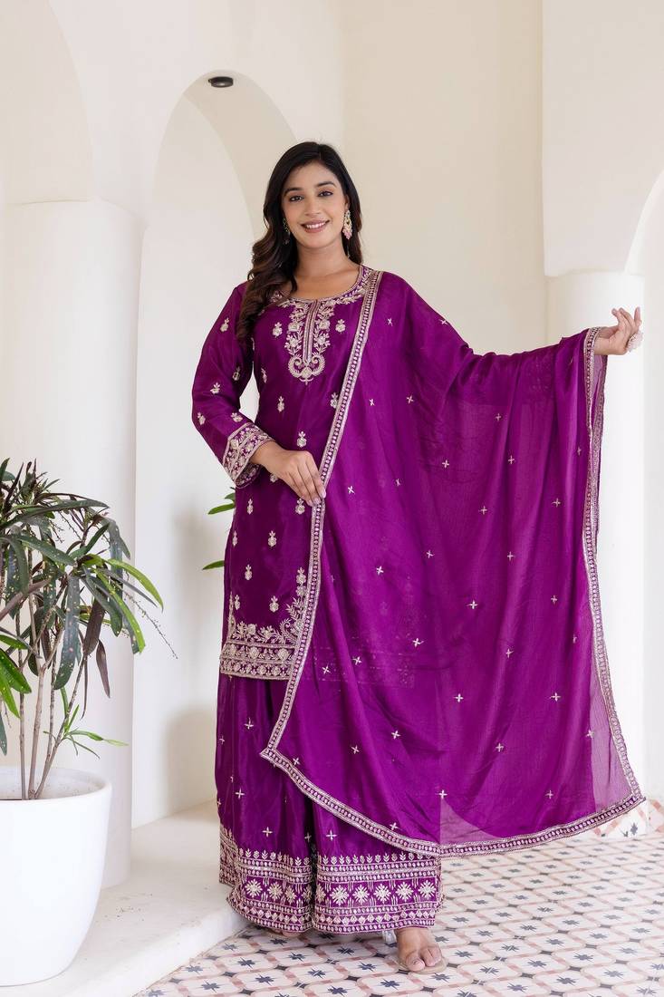 Chinon silk  with sequence embroidered work top with plazzo and dupatta