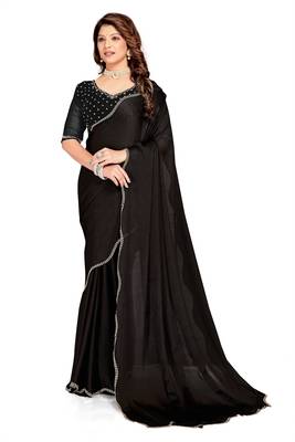 Black hand work zircon border satin chiffon silk blend saree with blouse 1