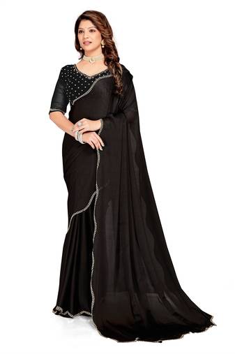 Black color hand work zircon border satin chiffon silk saree with blouse