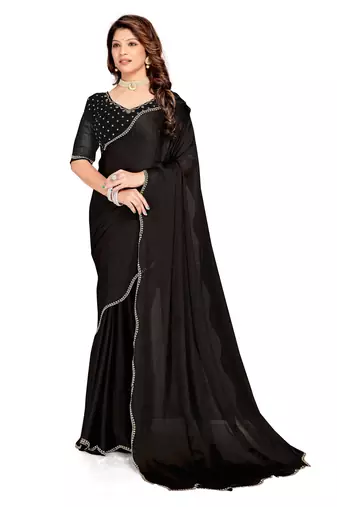 Black color hand work zircon border satin chiffon silk saree with blouse
