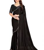 Black color hand work zircon border satin chiffon silk saree with blouse