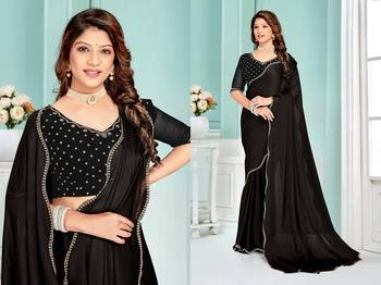 Black hand work zircon border satin chiffon silk blend saree with blouse 3
