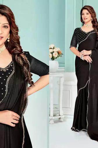 Black color hand work zircon border satin chiffon silk blend saree with blouse