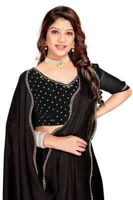 Black hand work zircon border satin chiffon silk blend saree with blouse 4