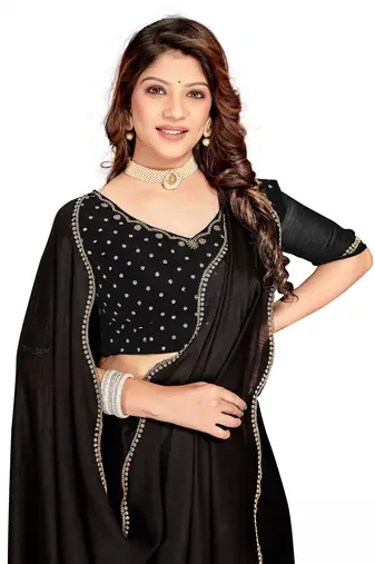 Black color hand work zircon border satin chiffon silk blend saree with blouse
