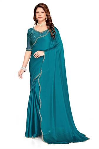 Sky blue color hand work zircon border satin chiffon silk saree with blouse