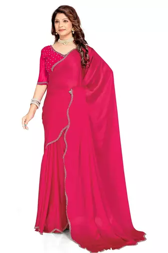 Pink color hand work zircon border satin chiffon silk saree with blouse