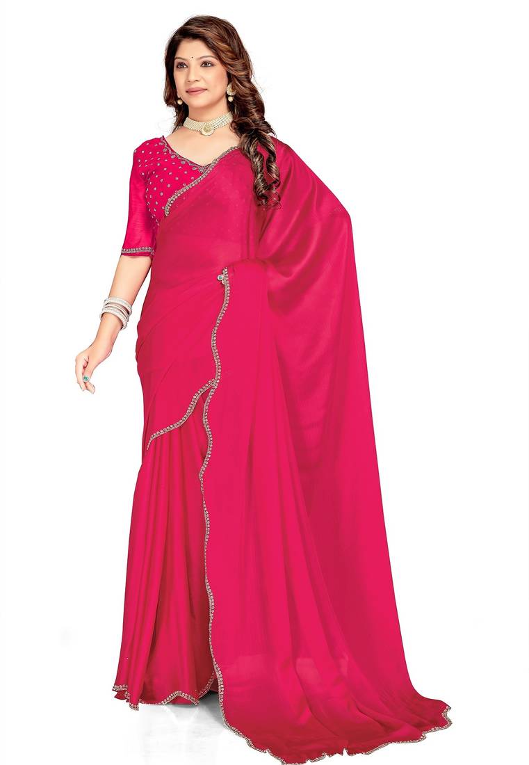Pink color hand work zircon border satin chiffon silk saree with blouse