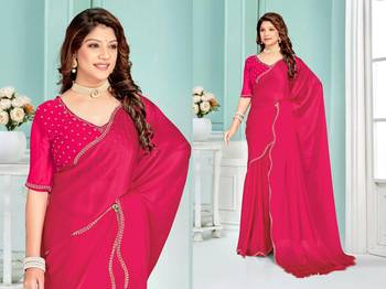 Pink color hand work zircon border satin chiffon silk blend saree with blouse 3
