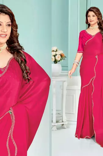Pink color hand work zircon border satin chiffon silk blend saree with blouse