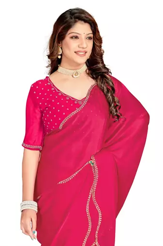 Pink color hand work zircon border satin chiffon silk blend saree with blouse
