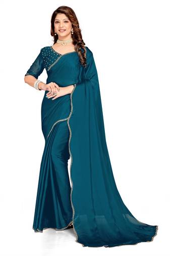 Blue color hand work zircon border satin chiffon silk saree with blouse