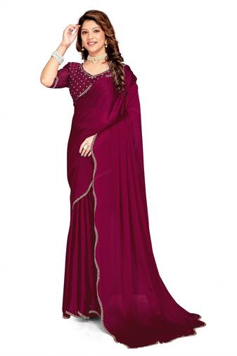 Wine color hand work zircon border satin chiffon silk saree with blouse