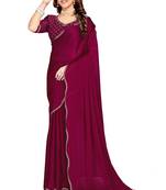 Wine color hand work zircon border satin chiffon silk saree with blouse