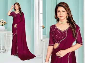 Wine color hand work zircon border satin chiffon silk blend saree with blouse 2