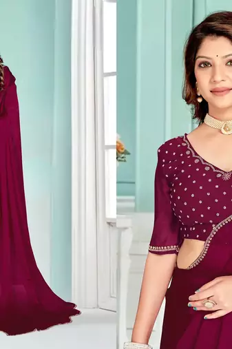 Wine color hand work zircon border satin chiffon silk blend saree with blouse